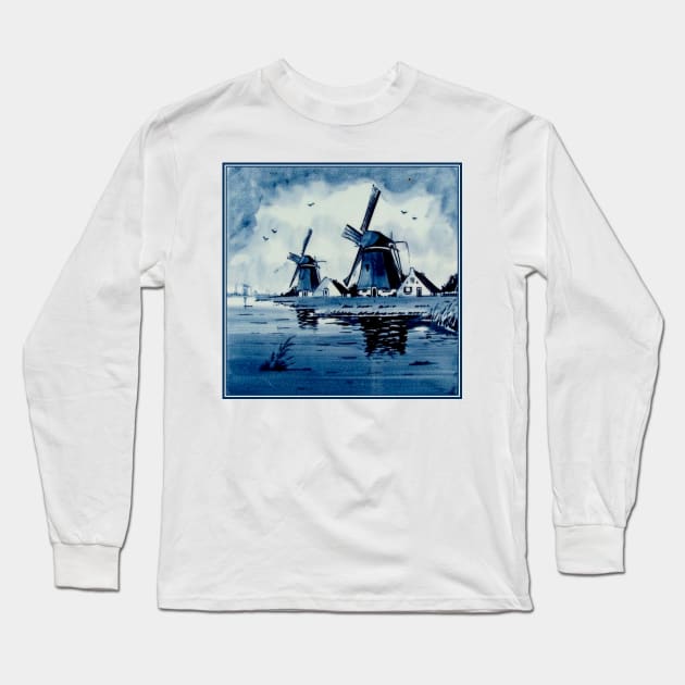 Dutch Blue Delft Windmills Vintage Print Long Sleeve T-Shirt by posterbobs